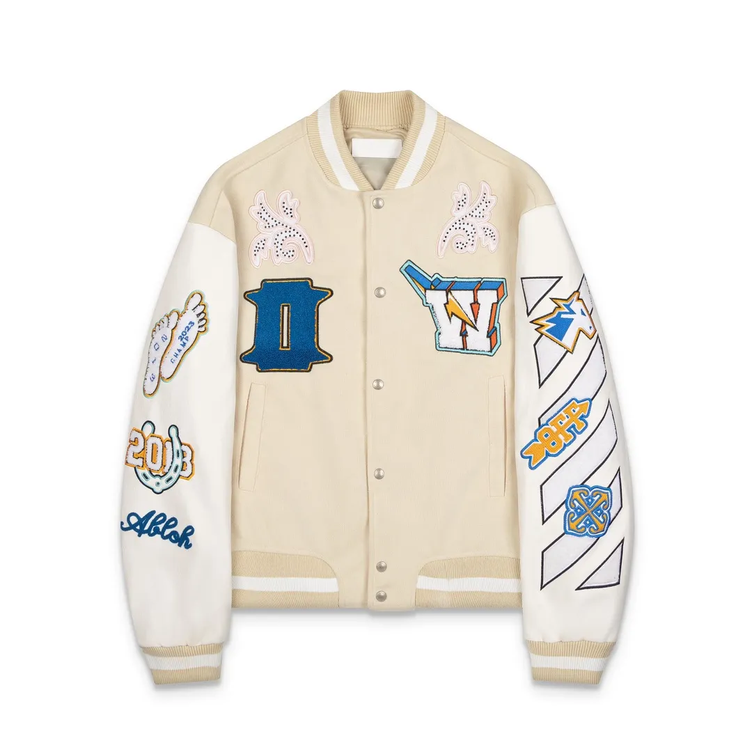 S30#P696, off white 2024 autumn and winter new heavy industry embroidered leather baseball jacket couple style color beige size: S M L XL